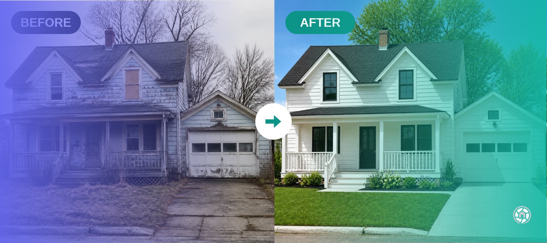 A before and after for a fixer upper home for sale