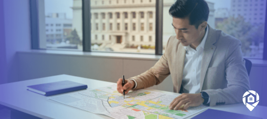 Real estate investor in a blazer marking up a color-coded zoning map at a desk, with a government building visible through the office window behind him, representing rezoning property.